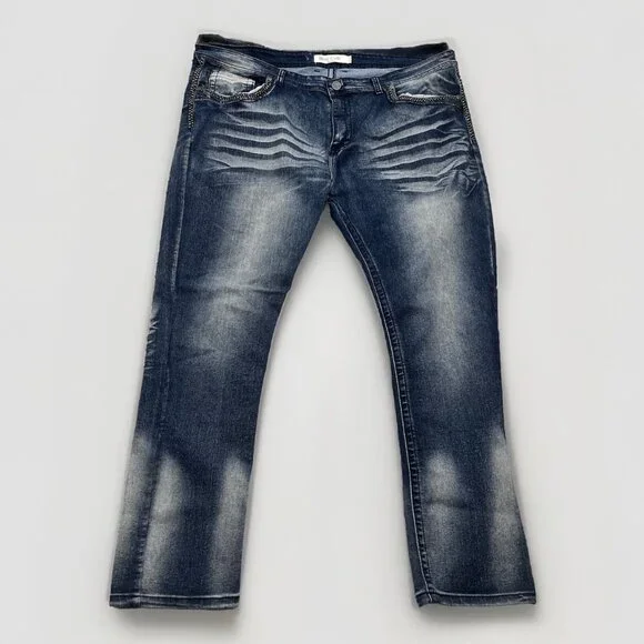 Men's Blue Cult Faded Wash Denim Jeans Embroidered Pockets Size 46x32 - Picture 1 of 11